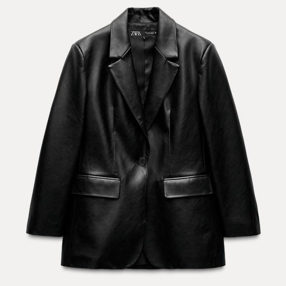 FAUX LEATHER BLAZER WITH SHOULDER PADS